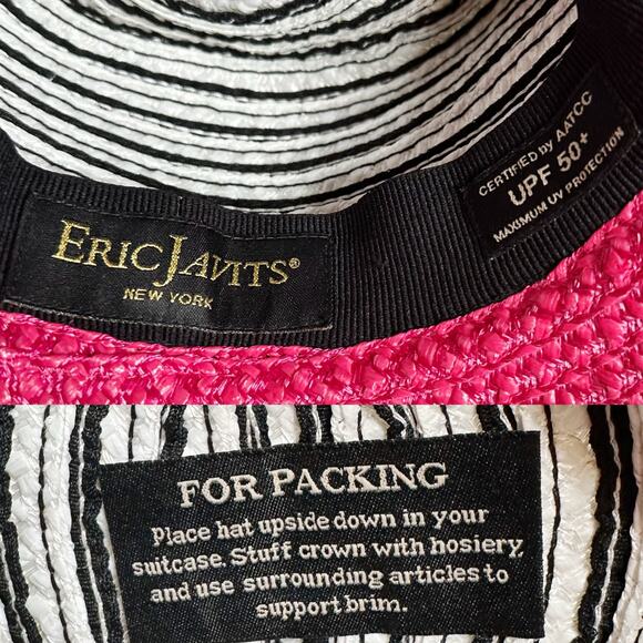 Eric Javits Braid Dame Straw Bucket Hat Black White Striped RARE PINK UPF 50+ - Picture 5 of 10